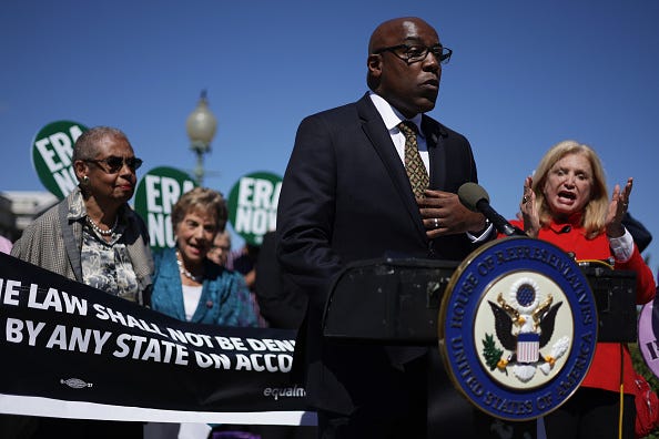 Attorney General of Illinois Kwame Raoul speaks as (L-R) U.S. Congresswoman Eleanor Holmes Norton (D-DC), Rep. Jan Schakowsky (D-IL) and Rep. Carolyn Maloney (D-NY) listen during a news conference near the U.S. Capitol September 28, 2022 in Washington, DC. House Democrats held a news conference to discuss their support for the passage of the Equal Rights Amendment as the 28th Amendment to the U.S. Constitution following oral arguments in the D.C. Circuit Court of Appeals over an ERA-related lawsuit. (Photo by Alex Wong/Getty Images)