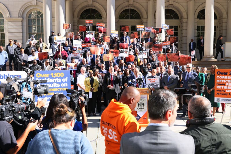 NY Corrections officers gather for a rally outside of City Hall before the start of a City Council hearing on Intro 549 on September 28, 2022 in New York City.