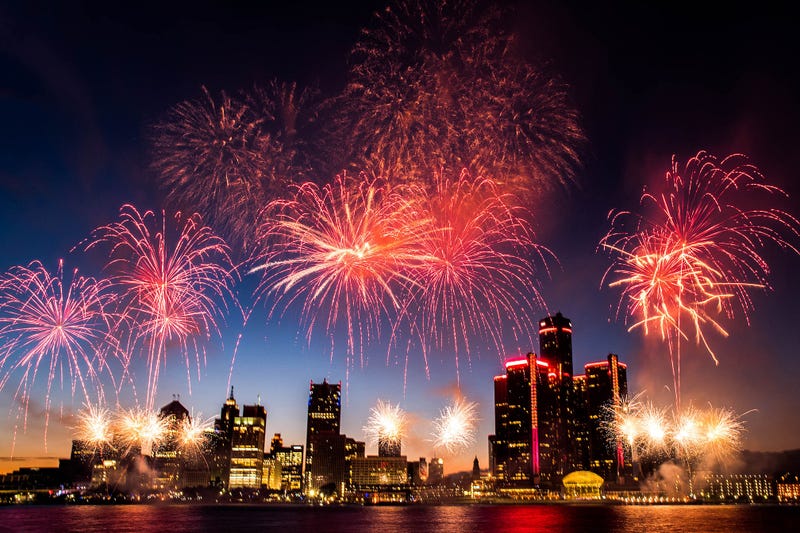 Fireworks over Detroit skyline
