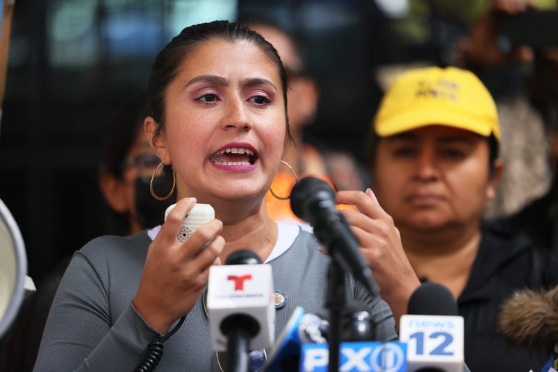 State Senator Jessica Ramos speaks as street vendors gather for a rally at City Hall calling to end the criminalization of immigrant street vendors on Sept. 29, 2022 in New York City.