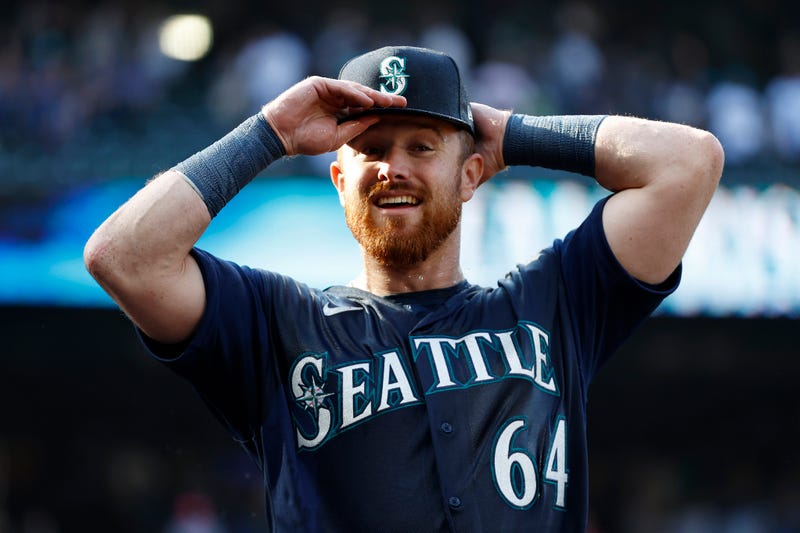 Former Saint Joseph's University star Brian O'Keefe of the Seattle Mariners reacts after beating the Oakland Athletics 5-1 at T-Mobile Park on October 1, 2022 in Seattle, Washington.