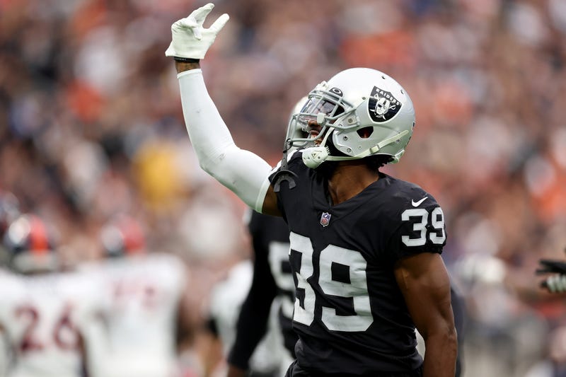 Nate Hobbs #39 of the Las Vegas Raiders reacts after recording a sack in the first quarter against the Denver Broncos at Allegiant Stadium on October 02, 2022 in Las Vegas, Nevada.