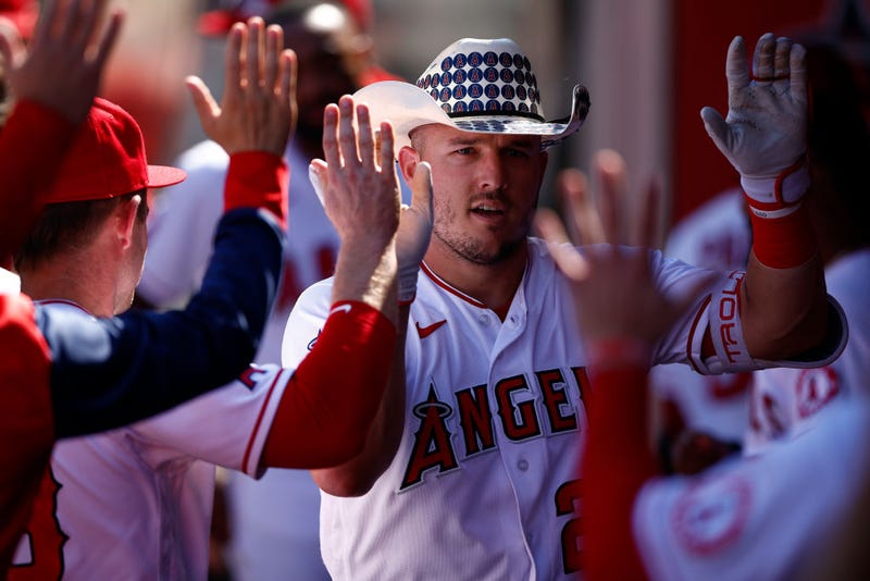 Mike Trout #27 of the Los Angeles Angels celebrates a home run against the Texas Rangers in the fourth inning at Angel Stadium of Anaheim on October 02, 2022 in Anaheim, California. 