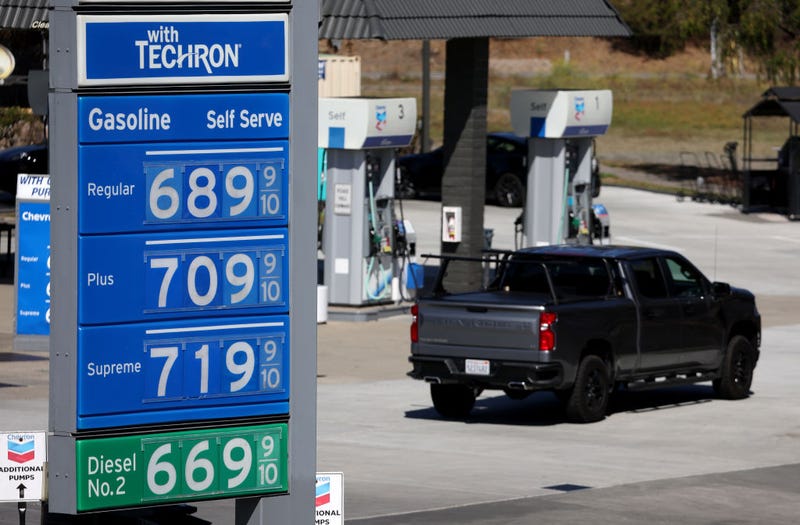 Gas prices over $7.00 a gallon are displayed at a Chevron gas station on October 03, 2022 in Mill Valley, California. Gas prices continue to surge in California with the average price for regular unleaded at $6.25 on Monday compared to the national average of $3.765 a gallon. (Photo by Justin Sullivan/Getty Images)
