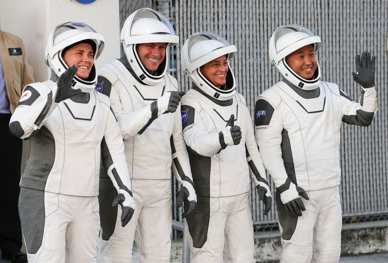 Crew-5 members (L-R) Roscosmos cosmonaut Anna Kikina, NASA astronauts Josh Cassada and Nicole Aunapu Mann and JAXA (Japan Aerospace Exploration Agency) astronaut Koichi Wakata depart for Launch Complex 39A at NASA's Kennedy Space Center on October 05, 2022 in Cape Canaveral, Florida. NASA’s SpaceX Crew-5 is scheduled to launch to the International Space Station later today. (Photo by Kevin Dietsch/Getty Images)
