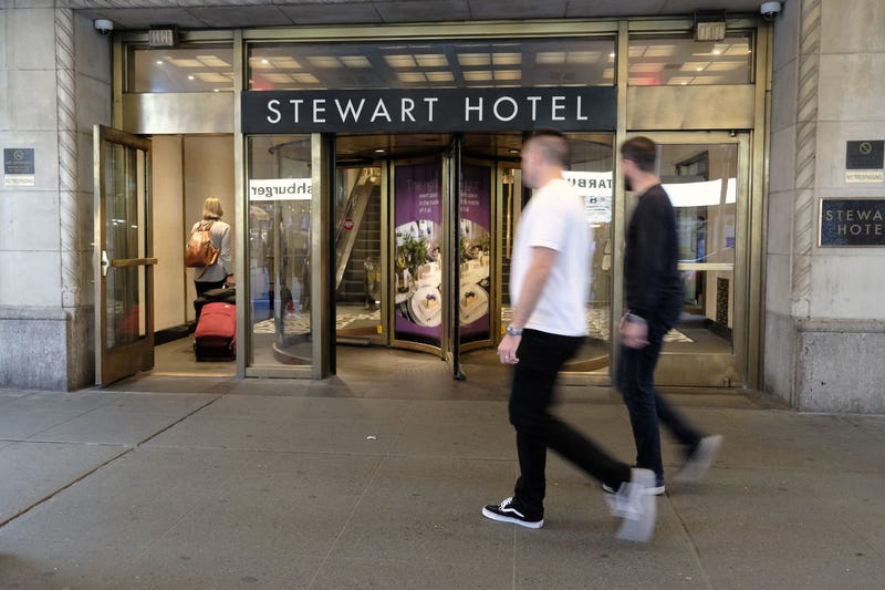 The Stewart Hotel in midtown Manhattan is being used as an intake and assessment center for recently arrived immigrants on October 07, 2022 in New York City. 