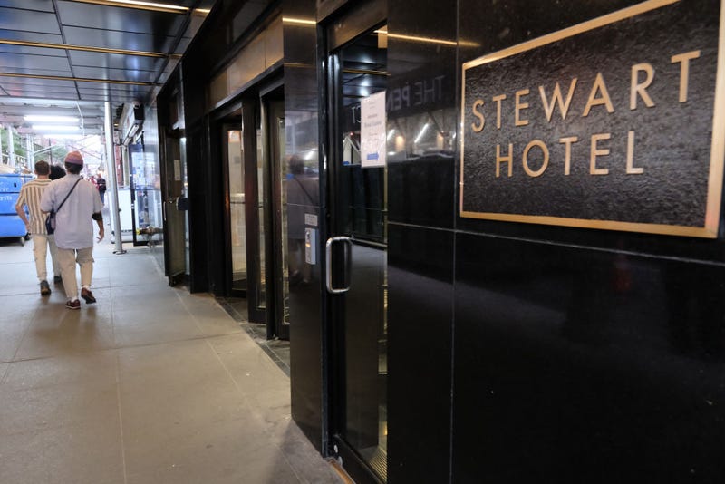 The Stewart Hotel in midtown Manhattan is being used as an intake and assessment center for recently arrived immigrants on October 07, 2022 in New York City.