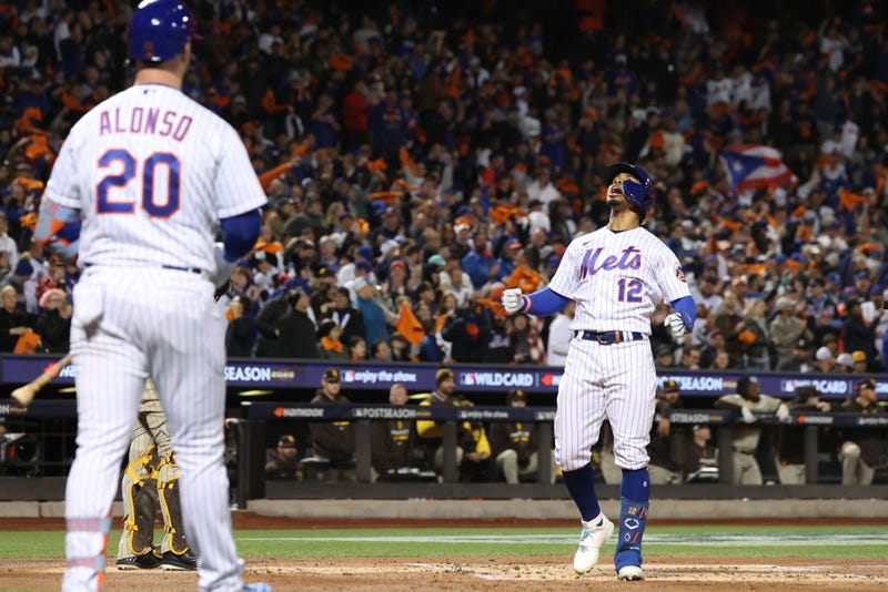 Francisco Lindor #12 of the New York Mets celebrates a solo home run during the first inning against the San Diego Padres in game two of the Wild Card Series at Citi Field on October 08, 2022 in New York City.