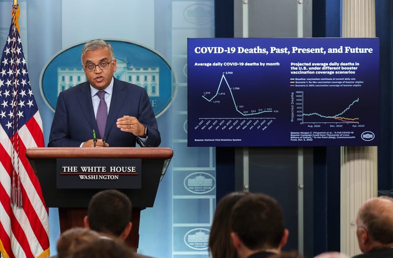 WASHINGTON, DC - OCTOBER 11: White House COVID-19 Response Coordinator Dr. Ashish Jha speaks at the daily press briefing at the White House on October 11, 2022 in Washington, DC. Jha spoke on the new COVID-19 Bivalent vaccine boosters and urged all Americans to take it. 