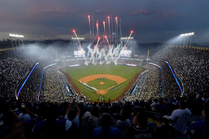A general view of Dodger Stadium during introductions prior to game one of the National League Division Series between the Los Angeles Dodgers and San Diego Padres on October 11, 2022 in Los Angeles, California.