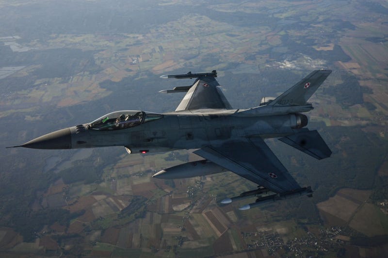 F-16 Fighting Falcon from the Polish Air Force takes part in a NATO air Shielding exercise at the Lask Air Base on October 12, 2022 in Lask, Poland. NATO's Allied Air Command, the Polish Air Force and the United States Air Force demonstrate the modern aircraft capabilities of Polish F-16s and the U.S. F-22s. As the Russian Invasion of Ukraine continues, NATO member Poland has been investing in new military equipment and various NATO allies' troops are now stationed in the country. (Photo by Omar Marques/Getty Images)