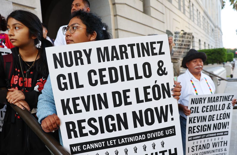 LOS ANGELES, CALIFORNIA - OCTOBER 12: Protestors demonstrate outside City Hall calling for the resignations of L.A. City Council members Kevin de Leon and Gil Cedillo in the wake of a leaked audio recording on October 12, 2022 in Los Angeles, California. L.A. City Council President Nury Martinez resigned today in the aftermath of the release of the profanity-laced recording which revealed racist comments amid a discussion of city redistricting.