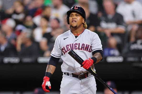 Jose Ramirez models the road uniforms of the Guardians.