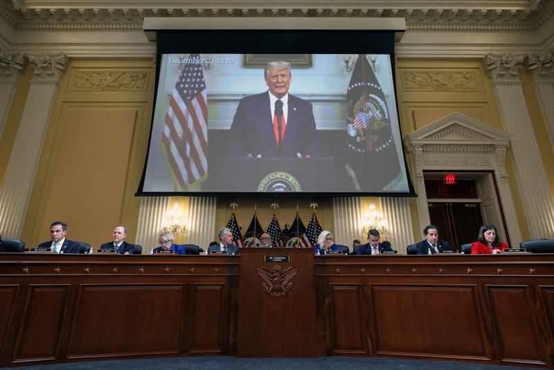 A video of former President Donald Trump is played during a hearing by the House Select Committee to Investigate the January 6th Attack on the U.S. Capitol in the Cannon House Office Building on October 13, 2022 in Washington, DC.