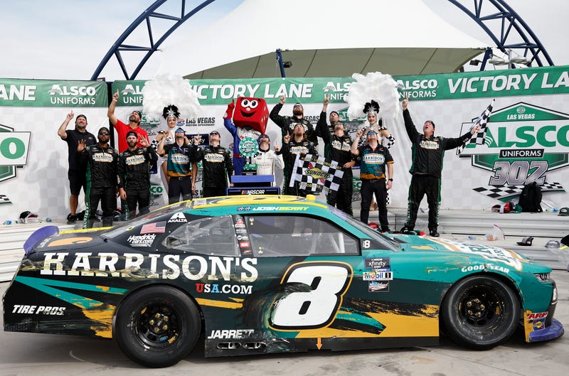 Josh Berry, driver of the #8 Harrison's USA Chevrolet, and crew celebrate in victory lane after winning the NASCAR Xfinity Series Alsco Uniforms 302 at Las Vegas Motor Speedway on October 15, 2022 in Las Vegas