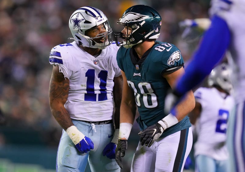 Micah Parsons #11 of the Dallas Cowboys gets in the face of Dallas Goedert #88 of the Philadelphia Eagles after a play in the third quarter during the game at Lincoln Financial Field on Oct. 16, 2022, in Philadelphia, Pennsylvania.