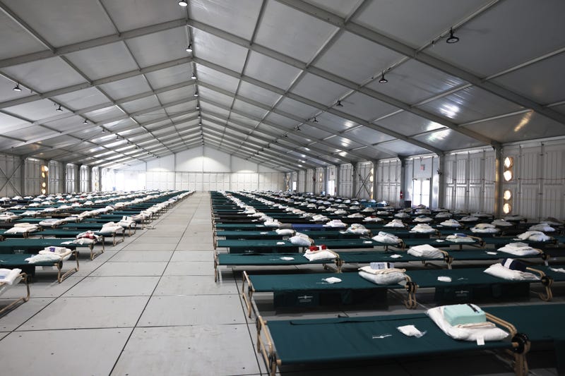 Beds are seen in the dormitory during a tour of the Randall's Island Humanitarian Emergency Response and Relief Center on October 18, 2022
