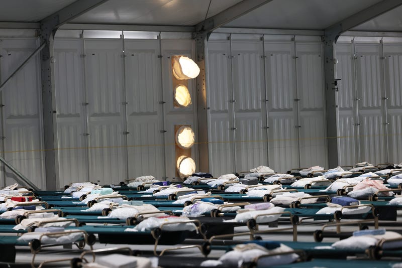 Beds are seen in the dormitory during a tour of the Randall's Island Humanitarian Emergency Response and Relief Center on Oct. 18, 2022 in New York City.
