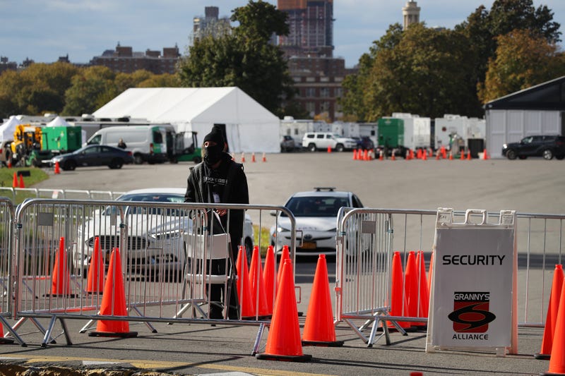 Tent shelters built on New York City's Randall's Island for recently arrived migrants stand in an open lot on October 19, 2022 in New York City.
