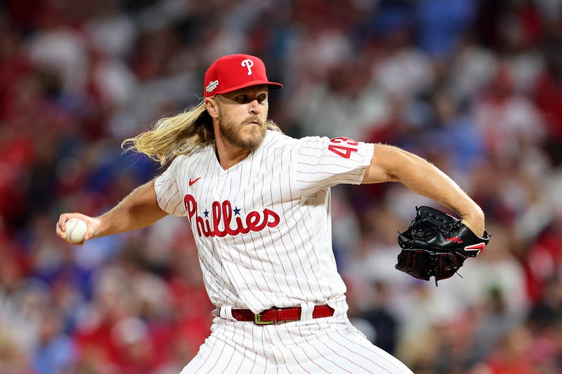 Noah Syndergaard of the Philadelphia Phillies pitches during the sixth inning against the San Diego Padres in game four of the National League Championship Series at Citizens Bank Park on October 22, 2022 in Philadelphia, Pennsylvania.