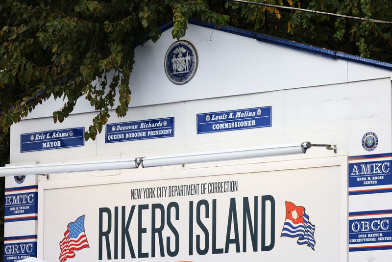 The Rikers Island jail sign is seen on October 24, 2022 in New York City.
