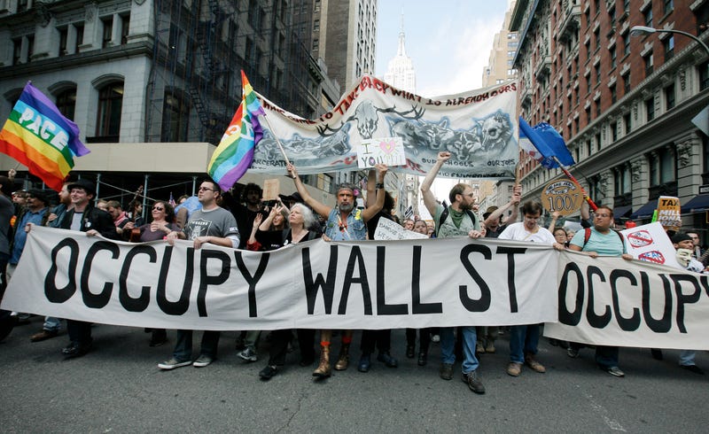 Occupy Wall Street protestors march down Fifth Avenue towards Union Square during a May Day rally on May 1, 2012 in New York City. Demonstrators have called for nation-wide May Day strikes to protest economic inequality and political corruption.