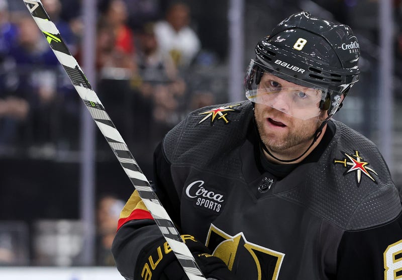 hil Kessel #8 of the Vegas Golden Knights takes a break during a stop in play in the third period against the Toronto Maple Leafs