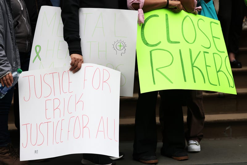 People gather at City Hall for a rally to protest the 17th death on Rikers Island in 2022. The family of Erick Tavira, who took his life while being held in a mental health observation area, were joined by community activists and elected officials, calling for accountability, an end to solitary confinement, access to quality mental health treatment and the closing of Rikers Island due to the prolonged history of violence, inhumane conditions of inmates and corrections officers alike.