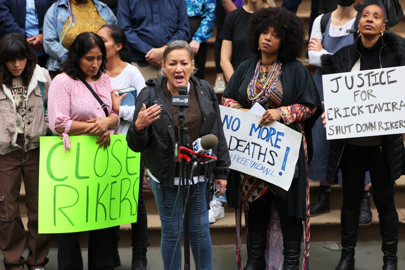 Jennie Rosario-Megibow, the mother of Michael David-Lopez the 11th person to die in Rikers Island this year, speaks as people gather for a rally to protest the 17th death on Rikers Island at City Hall on October 25, 2022 in New York City. The family of Erick Tavira, who took his life on Saturday morning while being held in a mental health observation area, were joined by community activists and elected officials, calling for accountability, an end to solitary confinement, access to quality mental health treatment and the closing of Rikers Island due to the prolonged history of violence, inhumane conditions of inmates and corrections officers alike.