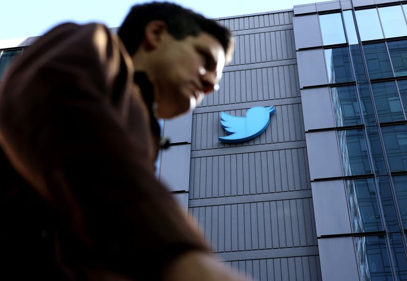 The Twitter logo is displayed on the exterior of Twitter headquarters on October 26, 2022 in San Francisco, California.