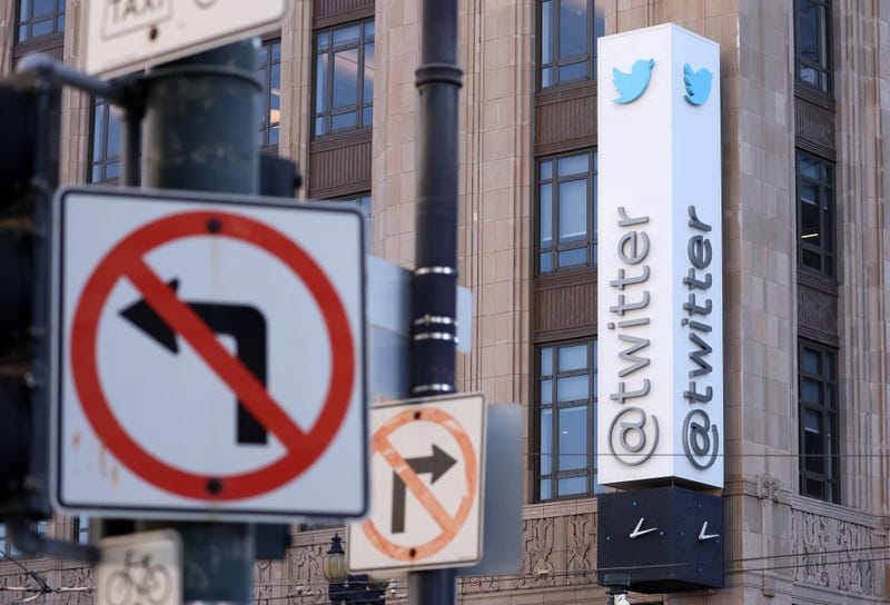 The Twitter logo is displayed on the exterior of Twitter headquarters on October 26, 2022 in San Francisco, California