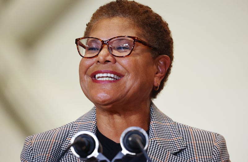 Los Angeles Democratic mayoral candidate Rep. Karen Bass (D-CA) smiles at a campaign rally, where Sen. Bernie Sanders (I-VT) also spoke, on October 27, 2022 in Playa Vista, California.
