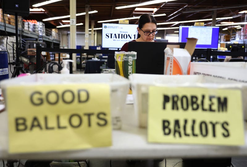 An election worker processes vote-by-mail ballots at the Orange County Registrar of Voters less than two weeks before midterms Election Day on October 27, 2022 in Santa Ana, California.