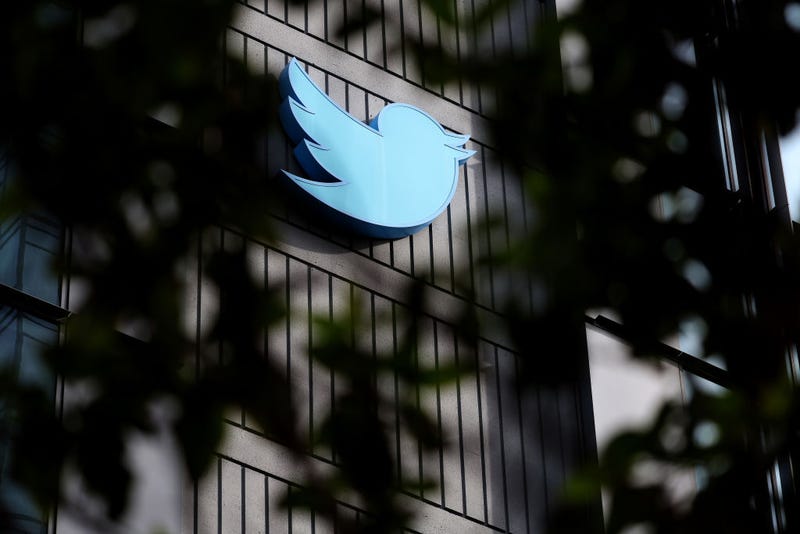 The Twitter logo is posted on the exterior of Twitter headquarters on October 28, 2022 in San Francisco, California.