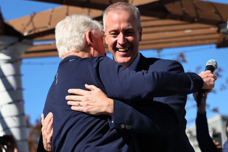 Former President Bill Clinton and Rep. Sean Patrick Maloney (D-NY) embrace during a rally at Nyack Veteran's Memorial Park on October 29, 2022 in Nyack, New York