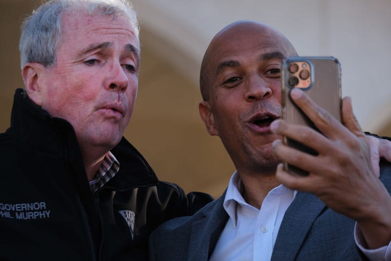 Sen. Cory Booker (D-NJ) joins New Jersey Governor Phil Murphy at a 'Get Out The Vote' event for Democratic incumbent Representative Tom Malinowski ahead of next month’s midterm elections on October 29, 2022 in Rahway, New Jersey.