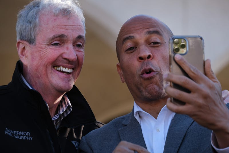 Sen. Cory Booker (D-NJ) joins New Jersey Governor Phil Murphy at a 'Get Out The Vote' event for Democratic incumbent Representative Tom Malinowski ahead of next month’s midterm elections on October 29, 2022 in Rahway, New Jersey. As Republicans campaign to win back control of Congress, Malinowski is running against Republican Tom Kean Jr. in New Jersey’s 7th District.