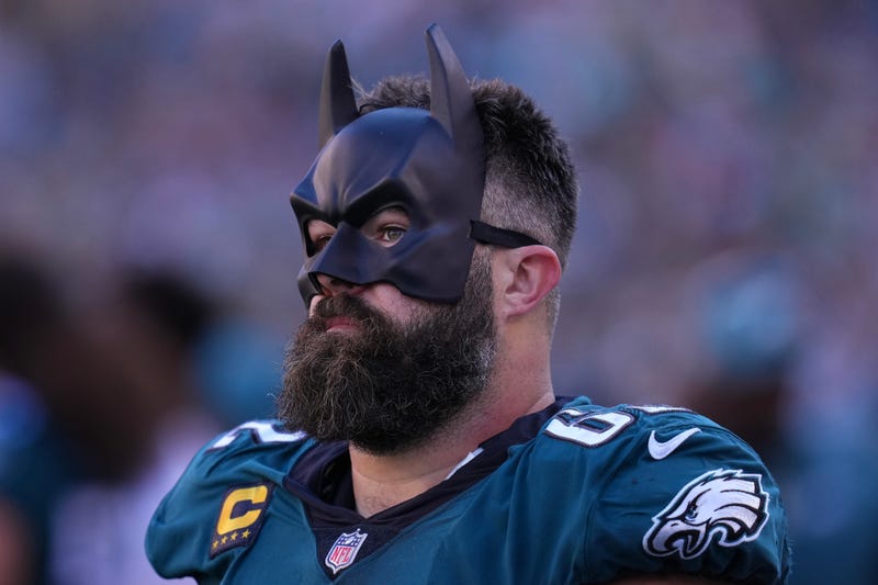 Jason Kelce, #62 of the Philadelphia Eagles, looks on wearing a Batman mask against the Pittsburgh Steelers at Lincoln Financial Field on Oct. 30, 2022, in Philadelphia, Pennsylvania.