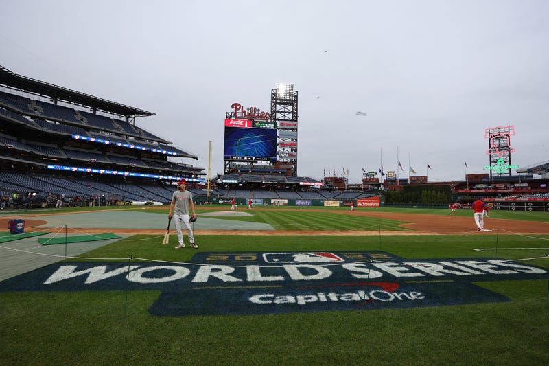 Alec Bohm of the Philadelphia Phillies looks on during batting practice ahead of Game 3 of the 2022 World Series at Citizens Bank Park on Oct. 31, 2022.