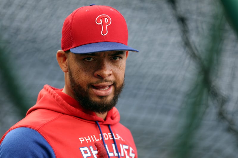 Edmundo Sosa of the Philadelphia Phillies looks on during batting practice before the start of Game 3 of the 2022 World Series against the Houston Astros at Citizens Bank Park.