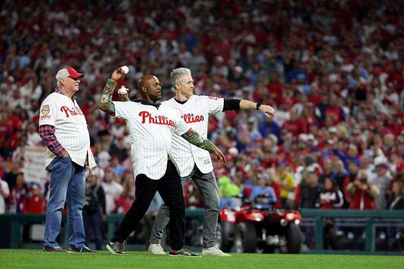 Chase Utley, Jimmy Rollins and Charlie Manuel throw out the first pitch before Game 4 of the 2022 World Series in Philadelphia.