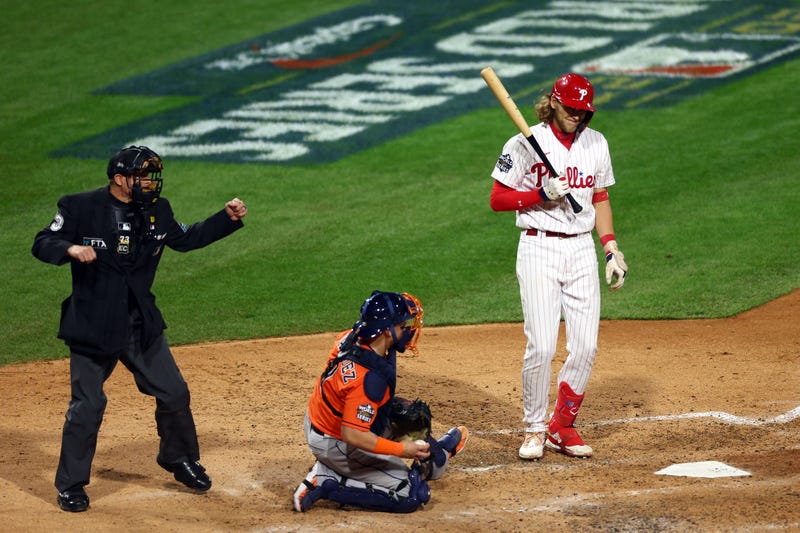 Alec Bohm of the Philadelphia Phillies reacts after striking out against the Houston Astros during the fifth inning in Game Four of the 2022 World Series at Citizens Bank Park.