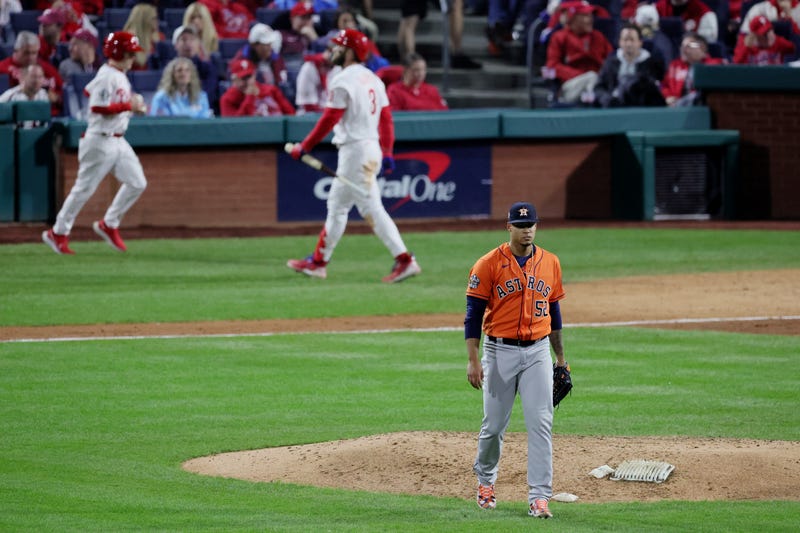 Bryan Abreu of the Houston Astros looks on after striking out Bryce Harper of the Philadelphia Phillies during the seventh inning in Game Four of the 2022 World Series at Citizens Bank Park.