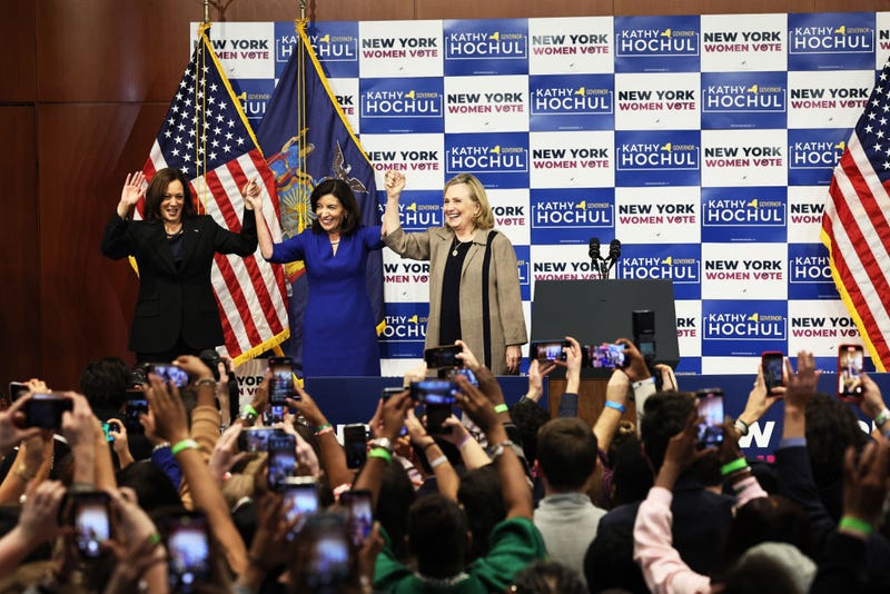 Vice President Kamala Harris, Gov. Kathy Hochul and Secretary Hillary Rodham Clinton hold up their hands at the conclusion of a New York Women “Get Out The Vote” rally at Barnard College on November 03, 2022 in New York City.