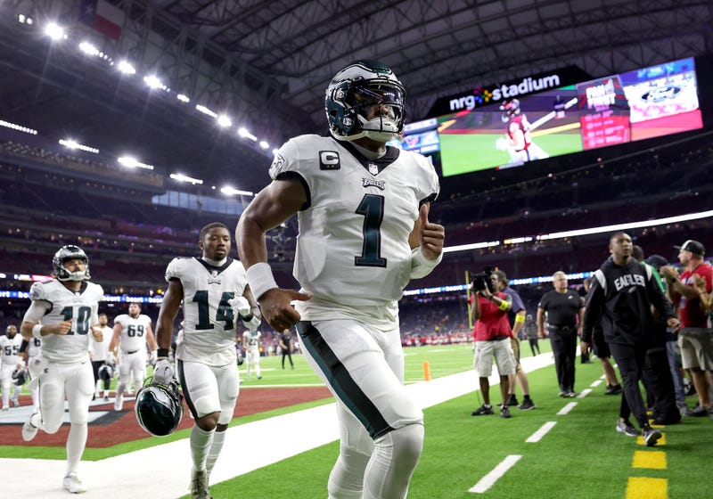 Jalen Hurts, #1 of the Philadelphia Eagles, runs off the field before a game against the Houston Texans at NRG Stadium on Nov. 3, 2022, in Houston, Texas. 