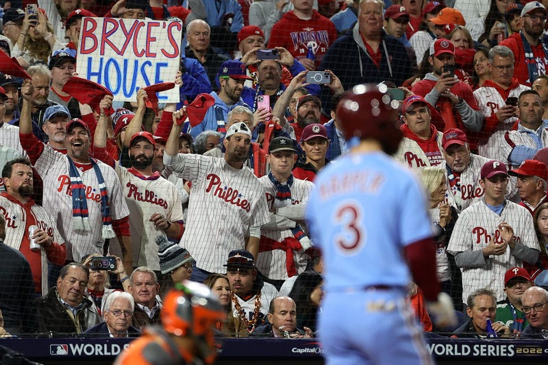 Fans look on as Bryce Harper of the Philadelphia Phillies is at bat against the Houston Astros during the first inning in Game 5 of the 2022 World Series at Citizens Bank Park on November 0, 2022 in Philadelphia, Pennsylvania.