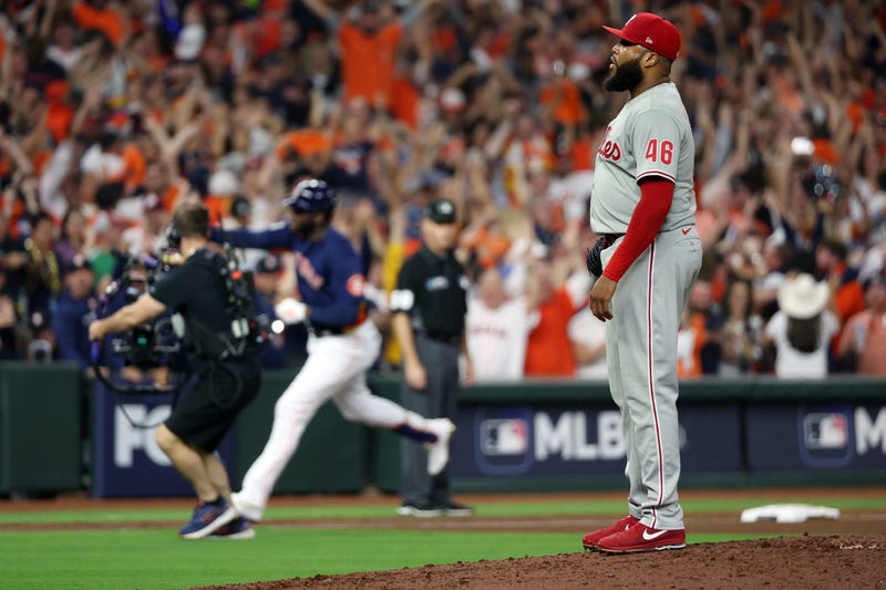 J﻿ose Alvarado of the Philadelphia Phillies looks on as Yordan Alvarez of the Houston Astros rounds the bases after his three-run home run during the sixth inning in Game 6 of the 2022 World Series at Minute Maid Park on November 5, 2022 in Houston, Texas.