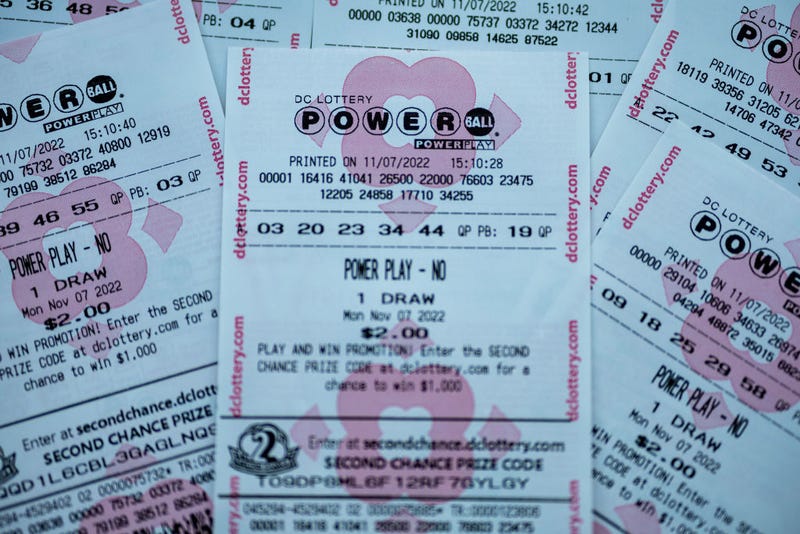 In this photo illustration, tickets for the upcoming Powerball lottery are seen on November 07, 2022 in Washington, DC. The estimated Powerball jackpot for the November 7th drawing has increased to $1.9 billion, with an estimated lump sum payment of $929.1 million. (Photo illustration by Tasos Katopodis/Getty Images)