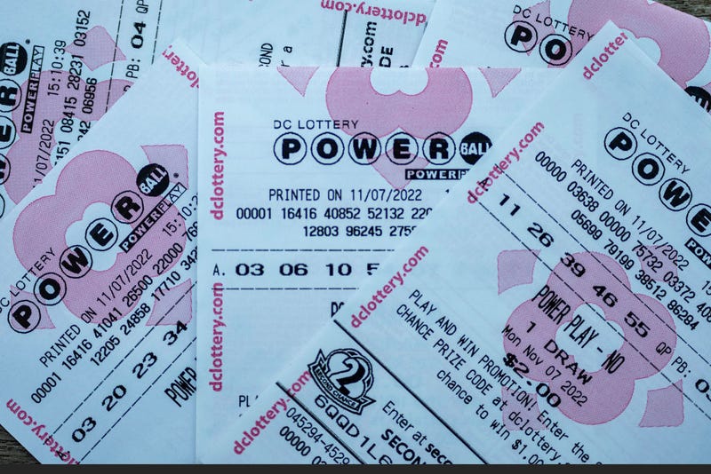 In this photo illustration, tickets for the upcoming Powerball lottery are seen on November 07, 2022 in Washington, DC.