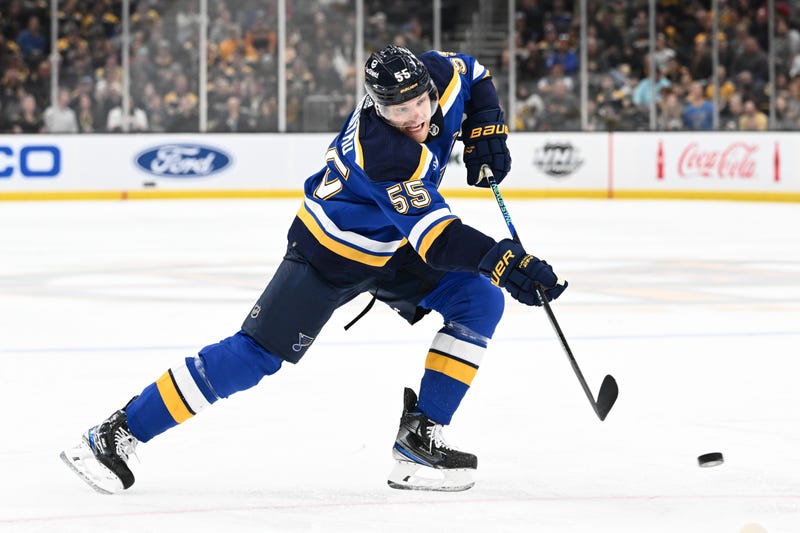 Colton Parayko #55 of the St. Louis Blues shoots the puck against the Boston Bruins during the second period at the TD Garden on November 07, 2022 in Boston, Massachusetts. 